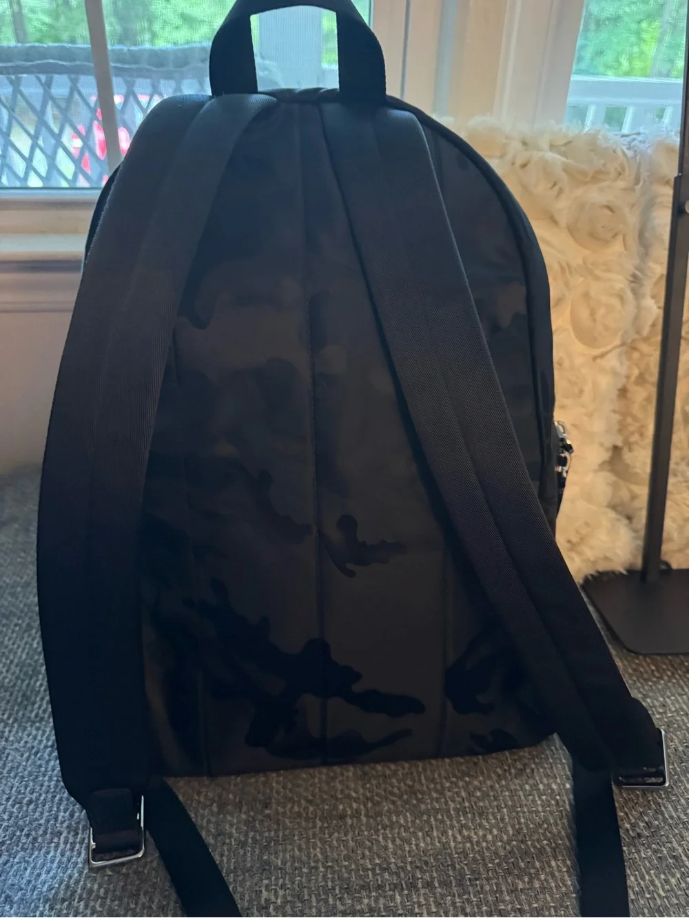 Michael Kors Black Tonal Camo Backpack – Nylon & Leather Trim